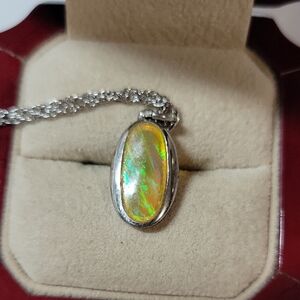 Sterling Silver Opal Pendant Necklace - Yellow-Green Fire Opal